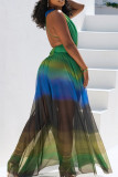 Green Elegant Print Patchwork High Slit Deep V Neck Long Dresses