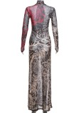Khaki Sexy Print See-Through Turtleneck Long Dresses