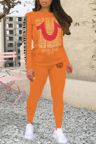 Orange Casual Letter Print Contrast O Neck Long Sleeve Two Pieces
