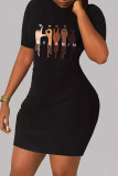 Black Casual Print Patchwork O Neck Wrapped Skirt Dresses