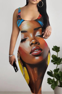 Multicolor Casual Print Patchwork U Neck Wrapped Skirt Dresses