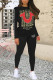 Black Casual Letter Print Contrast O Neck Long Sleeve Two Pieces
