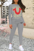 Grey Casual Letter Print Contrast O Neck Long Sleeve Two Pieces