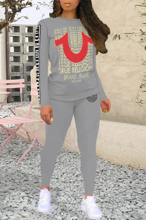 Grey Casual Letter Print Contrast O Neck Long Sleeve Two Pieces