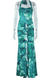 Green Elegant Print Patchwork Backless High Slit Halter Long Dresses