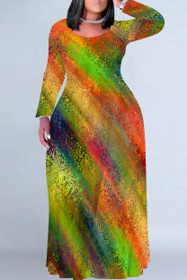 Multi-color Casual Geometric Print Flowers Pocket Contrast O Neck Printed Plus Size Dresses