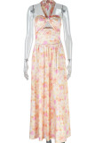 Pink Elegant Print Hollow Out Patchwork Backless Halter Long Dresses