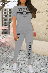 Grey Casual Street Letter Print Contrast O Neck Short Sleeve Two Pieces
