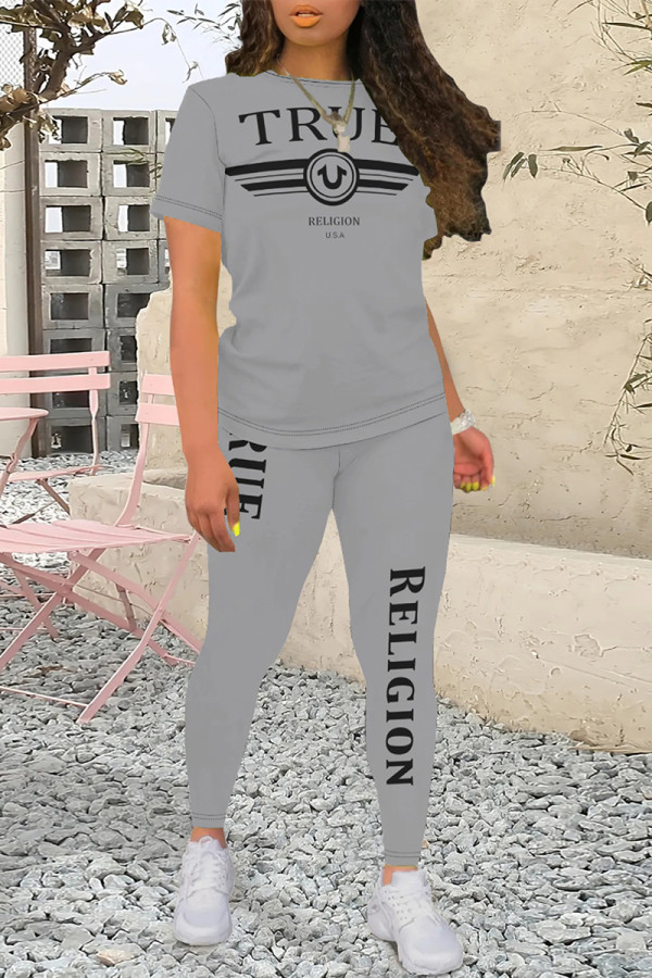 Grey Casual Street Letter Print Contrast O Neck Short Sleeve Two Pieces