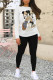 White Green Casual Cartoon Print Letters O Neck Long Sleeve Two Pieces