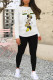 Black White Casual Cartoon Print Letters O Neck Long Sleeve Two Pieces