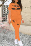 Rose Red Casual Street Letter Print Contrast O Neck Short Sleeve Two Pieces