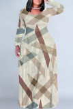Multi-color Casual Geometric Print Flowers Pocket Contrast O Neck Printed Plus Size Dresses
