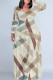 Beige Casual Geometric Print Flowers Pocket Contrast O Neck Printed Plus Size Dresses