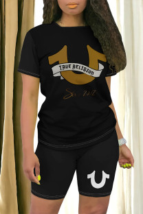 Black Casual Letter Print Contrast O Neck Short Sleeve Two Pieces