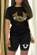 Black Casual Letter Print Contrast O Neck Short Sleeve Two Pieces
