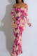 Pink Casual Print Patchwork Backless Off Shoulder Long Dresses