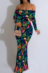 Green Casual Print Patchwork Backless Off Shoulder Long Dresses