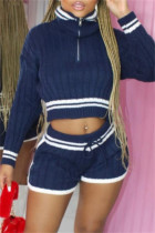 Deep Blue Casual Patchwork Contrast Zipper Collar Long Sleeve Two Pieces