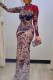 Khaki Sexy Print See-Through Turtleneck Long Dresses