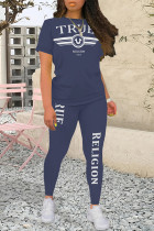 Navy Blue Casual Street Letter Print Contrast O Neck Short Sleeve Two Pieces