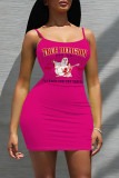 Navy Blue Sexy Letter Print Contrast U Neck Sling Dresses