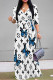 Blue Casual Letter Print Gradient Lace Up Contrast V Neck Printed Dresses