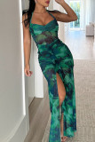 Green Elegant Print Patchwork Backless High Slit Halter Long Dresses