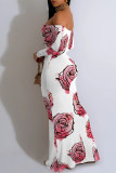 White Orange Sexy Floral Print Contrast Off Shoulder One Step Skirt Dresses