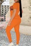 Rose Red Casual Street Letter Print Contrast O Neck Short Sleeve Two Pieces