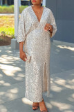 Black Elegant Solid Color Sequins Patchwork Slit V Neck Long Dresses