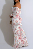 White Orange Sexy Floral Print Contrast Off Shoulder One Step Skirt Dresses