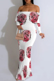 White Orange Sexy Floral Print Contrast Off Shoulder One Step Skirt Dresses