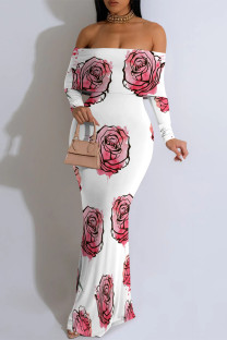 White Red Sexy Floral Print Contrast Off Shoulder One Step Skirt Dresses