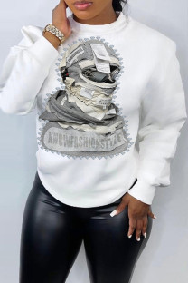 White Casual Figure Print O Neck Tops