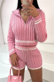 Milky Casual Patchwork Contrast Zipper Collar Long Sleeve Two Pieces