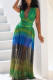 Green Elegant Print Patchwork High Slit Deep V Neck Long Dresses