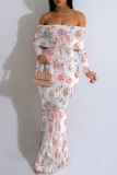 White Orange Sexy Floral Print Contrast Off Shoulder One Step Skirt Dresses