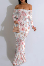 White Pink Sexy Floral Print Contrast Off Shoulder One Step Skirt Dresses