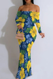 Green Casual Print Patchwork Backless Off Shoulder Long Dresses
