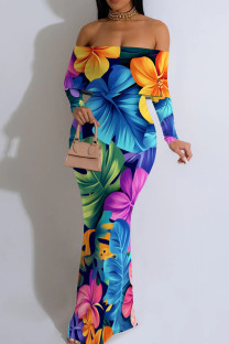 Turquoise Casual Print Patchwork Backless Off Shoulder Long Dresses
