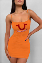 Orange Sexy Letter Print U Neck Sling Dresses