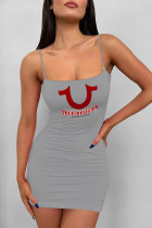 Grey Sexy Letter Print U Neck Sling Dresses