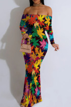 Red Yellow Casual Print Patchwork Backless Off Shoulder Long Dresses