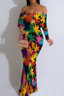 Red Yellow Casual Print Patchwork Backless Off Shoulder Long Dresses