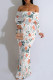 White Orange Sexy Floral Print Contrast Off Shoulder One Step Skirt Dresses
