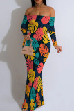 Green Casual Print Patchwork Backless Off Shoulder Long Dresses