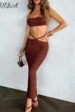 Coffee Sexy Solid Color Patchwork Backless Strap Design Halter Two Pieces