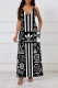 Black White Sexy Graffiti Print Letters Pocket Contrast V Neck Sling Dresses