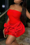 Red Sexy Solid Color Patchwork Backless Flower Shape Strapless Wrapped Skirt Dresses